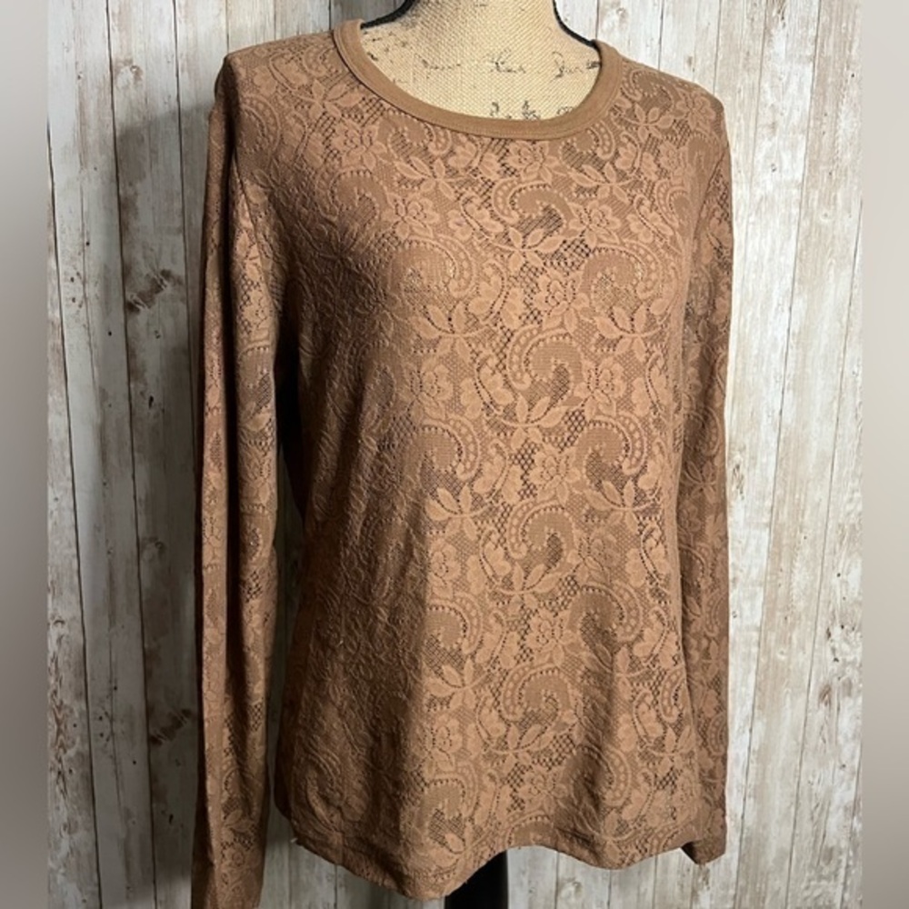 New York & Company Tan Long sleeved Lace Shirt